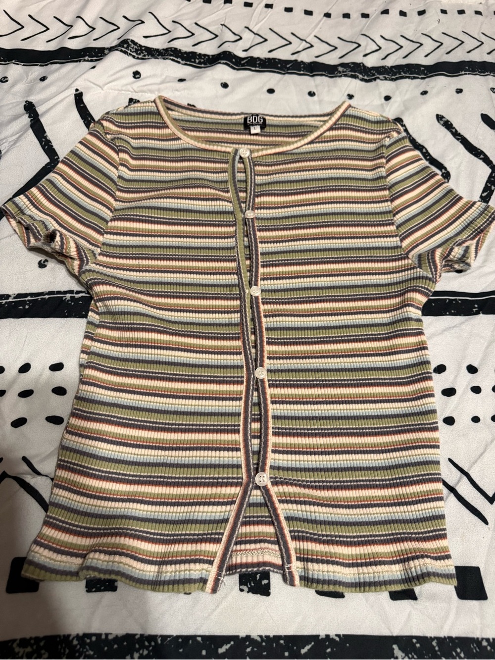 BDG Striped Rib-Knit Button Front Tee - Multi Stripe